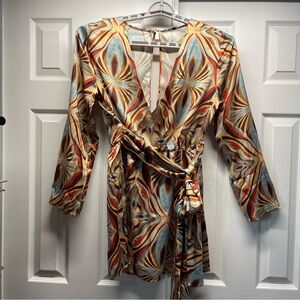 Zara Women’s Retro Printed V-neck Mini Dress With Wrap Belt Long Sleeve Size L